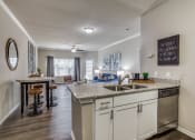 Thumbnail 12 of 25 - an open kitchen and living room with a counter top and a sink at Village of Hawks Creek Apartments, Texas