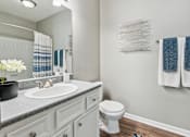 Thumbnail 11 of 24 - A bathroom with a white toilet, a sink, and towels hanging on the wall.