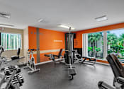Thumbnail 7 of 23 - A gym with orange walls and a variety of equipment at Boca Colony Apartments, Boca Raton
