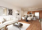 Thumbnail 15 of 15 - A modern living room with a white couch, wooden chairs, and a coffee table.at The Landing at Hub City, Plymouth, 53073