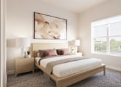 Thumbnail 6 of 15 - A bedroom with a large bed, nightstand, and a painting on the wall.at The Landing at Hub City, Plymouth, WI