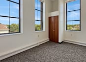 Thumbnail 12 of 20 - A room with a carpeted floor, a brown door, and two windows.