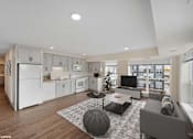 Thumbnail 50 of 58 - A modern kitchen with white appliances and a large island.