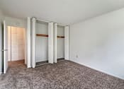 Thumbnail 5 of 10 - A room with a carpeted floor and a white wall with a door and a wardrobe.