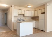 Thumbnail 9 of 30 - view of kitchen from living room, view of living room carpet, and kitchen vinyl flooring