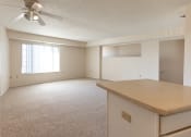 Thumbnail 5 of 30 - kitchen counter facing toward living room, ceiling fan present
