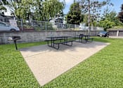 Thumbnail 19 of 20 - Picnic tables are set up on a concrete pad in a grassy area.