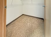 Thumbnail 7 of 21 - A walk-in closet at The Lumin in the Highland Park neighborhood of St Paul with shelves and a carpeted floor.