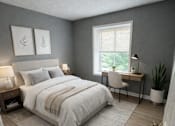 Thumbnail 16 of 26 - A bedroom with a large bed and a window.