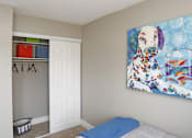 Thumbnail 13 of 14 - A painting of a dog with a glass of water is hanging on the wall above a bed in a room.