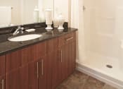 Thumbnail 13 of 31 - a bathroom with a sink and a shower and a mirror