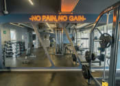 Thumbnail 13 of 26 - a gym with weights and cardio machines and a no pain no gain sign