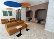 Thumbnail 2 of 7 - A room with a brown couch and a white table.