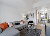 Thumbnail 13 of 63 - a living room with a gray couch and a glass coffee table