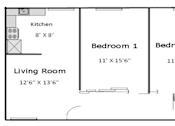 Thumbnail 15 of 30 - A floor plan of a small apartment with a living room, kitchen, and two bedrooms.