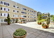 Thumbnail 1 of 32 - A courtyard with a large planter in the center and apartment buildings in the background.