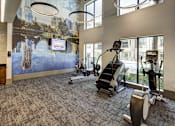 Thumbnail 18 of 40 - A gym with exercise equipment and a wall mural at Arise Riverside Apartments, Austin, 78741