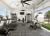 Thumbnail 15 of 31 - a gym with treadmills and weights and a ceiling fan at Zora Encanto, Arizona 85035