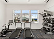 Thumbnail 17 of 31 - two treadmills and weights in a gym with windows and a wall of weights at Zora Encanto, Arizona 85035