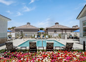 Thumbnail 4 of 31 - a swimming pool surrounded by chairs and colorful flowers at Zora Encanto, Phoenix, Arizona