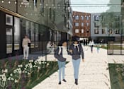 Thumbnail 2 of 5 - a rendering of two people walking on a sidewalk in front of a building