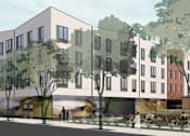 Thumbnail 1 of 30 - A modern building with a mural on the side is depicted in the image.