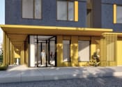 Thumbnail 3 of 7 - A modern building with a yellow entrance and people walking in.