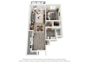Thumbnail 10 of 11 - A 3D floor plan of a house with a kitchen, living room, and two bedrooms.
