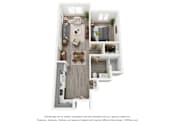 Thumbnail 11 of 11 - A 3D floor plan of a house with a kitchen, living room, dining room, and two bedrooms.