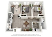 Thumbnail 8 of 11 - A 3D floor plan of a house with a kitchen, living room, and two bedrooms.
