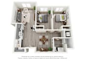 Thumbnail 9 of 11 - A 3D floor plan of a house with a kitchen, living room, dining room, and two bedrooms.