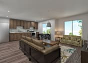 Thumbnail 9 of 16 - A modern living room with a brown sofa and wooden flooring.