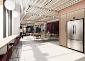 Thumbnail 19 of 30 - A modern kitchen with a long table and chairs.