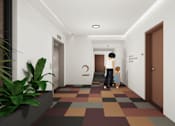 Thumbnail 11 of 30 - A hallway with a tiled floor and a plant on the left.