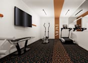 Thumbnail 29 of 30 - A gym with a row of treadmills and a television mounted on the wall.
