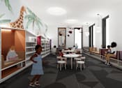 Thumbnail 22 of 30 - A library with children reading and a giraffe mural on the wall.