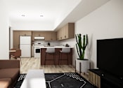 Thumbnail 8 of 30 - A modern living room with a brown sofa and a black television.