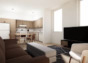 Thumbnail 9 of 30 - A modern living room with a brown sofa and a television.