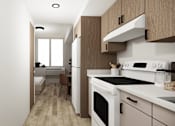 Thumbnail 4 of 30 - A modern kitchen with wooden cabinets and white appliances.