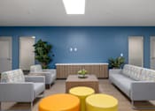 Thumbnail 26 of 38 - A blue room with grey couches and yellow ottomans.