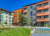 Thumbnail 20 of 21 - A modern building with orange balconies is surrounded by greenery and a small pond.