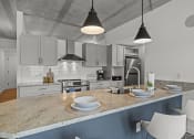Thumbnail 74 of 76 - a kitchen with white cabinets and a large island with a granite countertop  at The Icon, Richmond, VA 23230