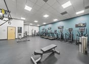 Thumbnail 49 of 76 - a large fitness room with cardio equipment and weights  at The Icon, Richmond, VA 23230