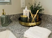 Thumbnail 3 of 18 - A bathroom counter with a white towel, a bottle of lotion, and a small potted plant.