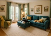 Thumbnail 13 of 16 - Two dogs are lying on a blue couch in a living room.