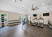 Thumbnail 20 of 42 - A spacious home gym with a variety of equipment including treadmills, weights, and exercise machines.