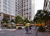 Thumbnail 29 of 36 - a rendering of a city street with pedestrians and tall buildings at Scout Living, powered by Placemakr Apartments, Georgia 30308