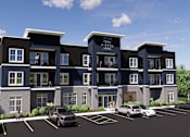 Thumbnail 2 of 39 - a rendering of a three story apartment building with cars parked in front of it