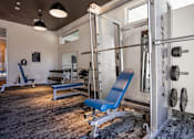 Thumbnail 16 of 39 - A home gym with a squat rack, bench, and weights.