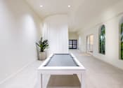 Thumbnail 16 of 25 - A pool table is in the middle of a room with a plant and a curtain.